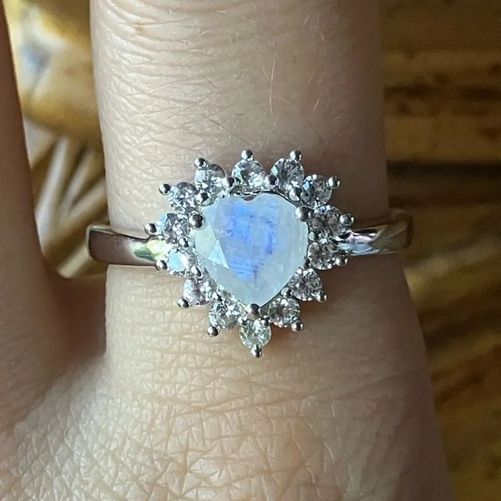 Rainbow Moonstone Sterling Silver Heart Ring Size 9.75